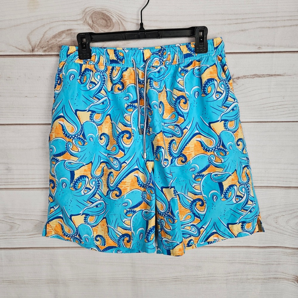 Peter Millar Men's Large Turquoise Octopus Print Swim Trunks Resort Old Money